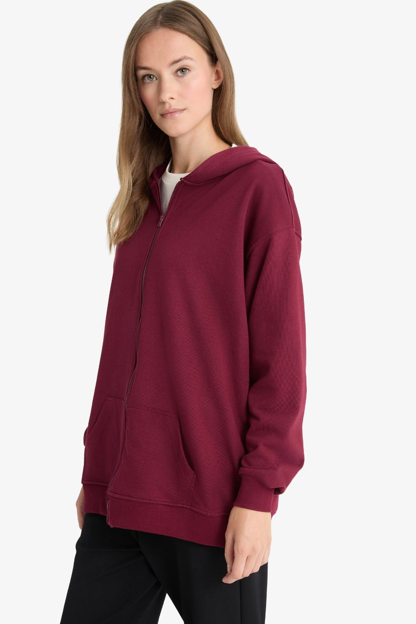 Woman Bordeaux Regular Fit Hooded Soft Lining Thick Fabric Cardigan