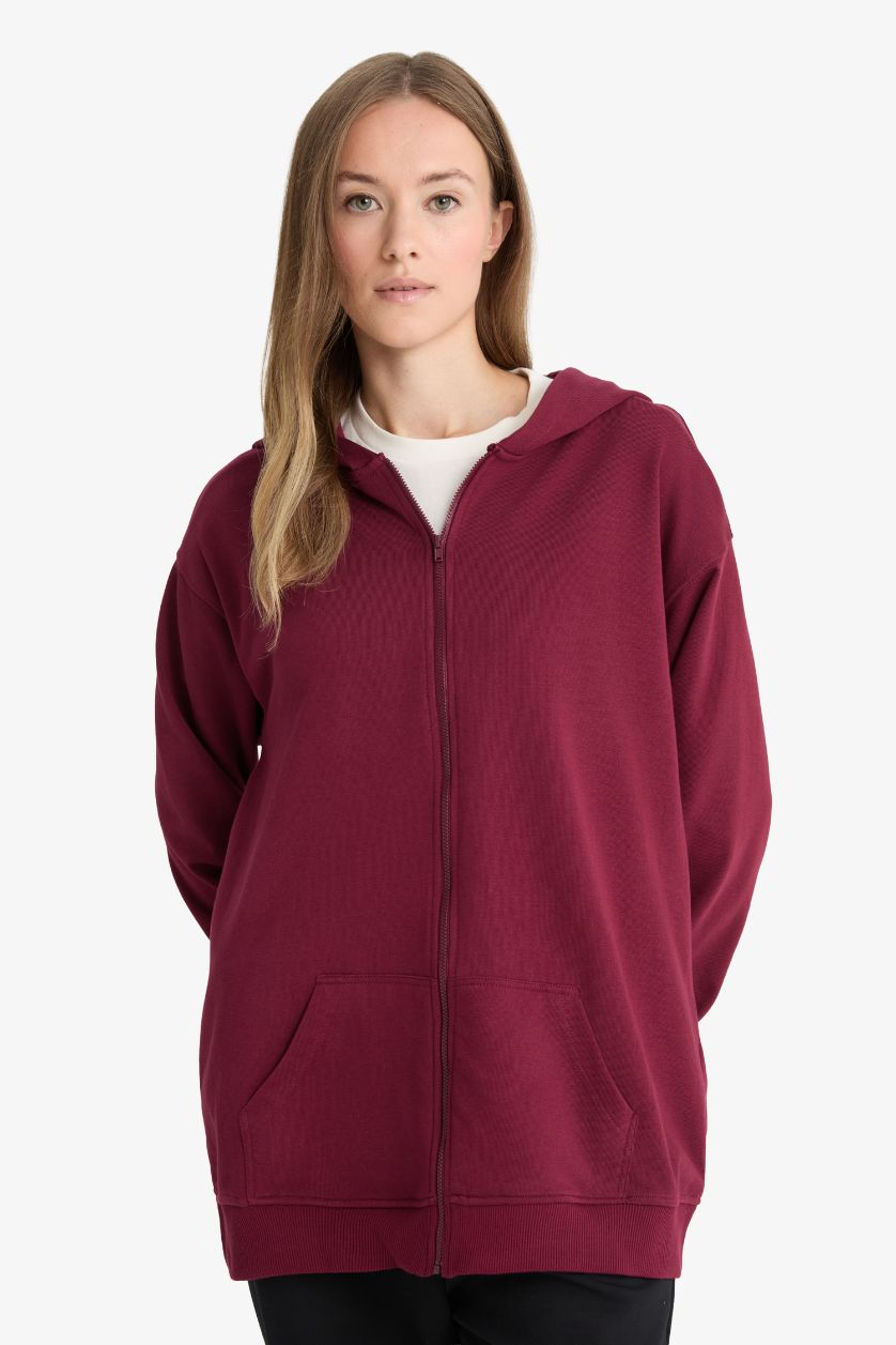 Woman Bordeaux Regular Fit Hooded Soft Lining Thick Fabric Cardigan