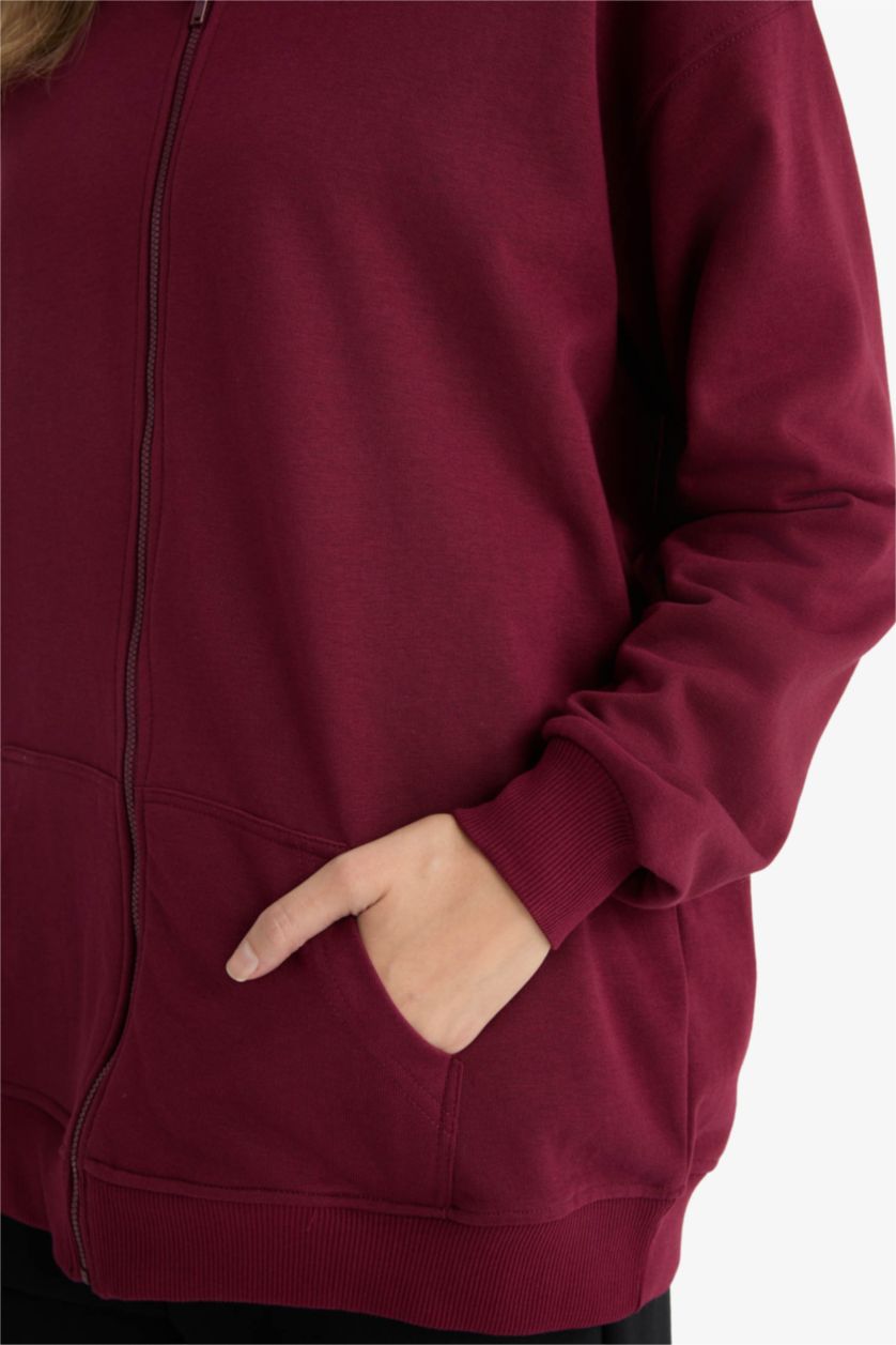 Woman Bordeaux Regular Fit Hooded Soft Lining Thick Fabric Cardigan