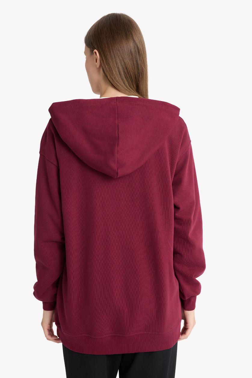 Woman Bordeaux Regular Fit Hooded Soft Lining Thick Fabric Cardigan