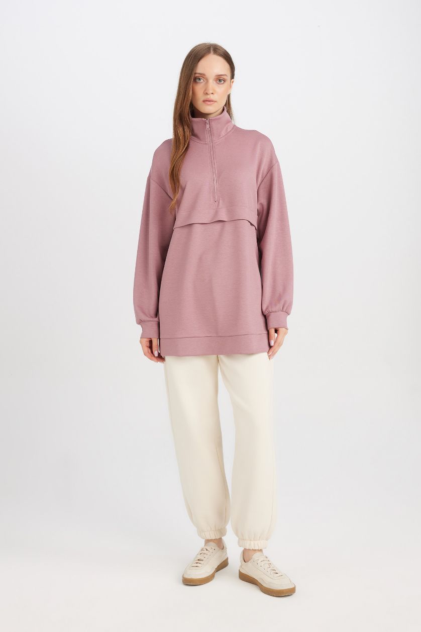 حريمي وردي تونيك سويت بيزك سادة قصة عادية برقبة بسوسته