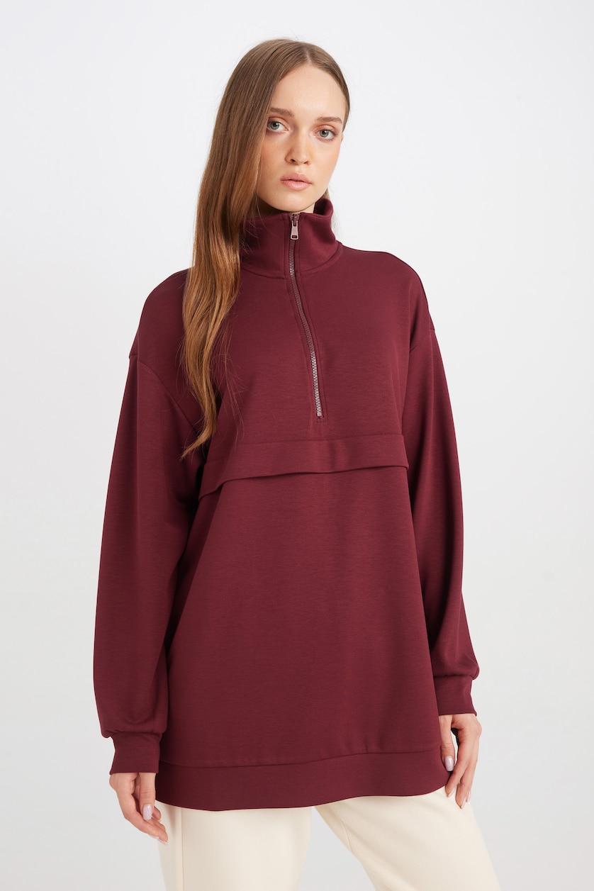 Kadın Bordo Regular Fıt Uzun Kollu Tunik