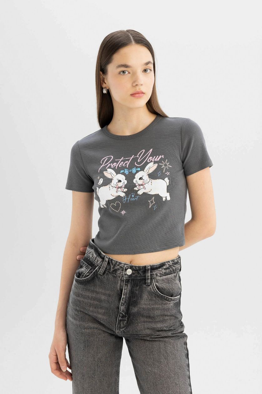 Woman Anthracite Fitted Crew Neck Printed Ribbed Short Sleeve T-Shirt