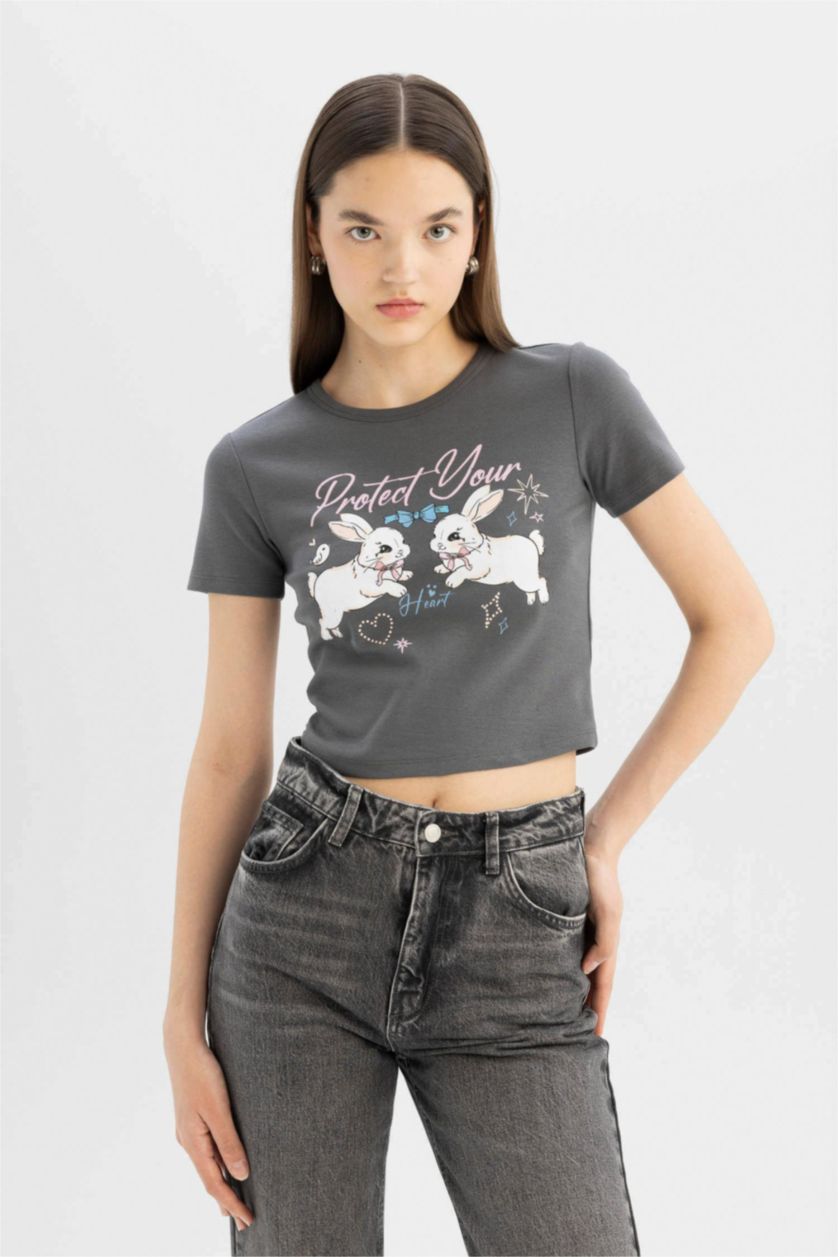 Woman Anthracite Fitted Crew Neck Printed Ribbed Short Sleeve T-Shirt