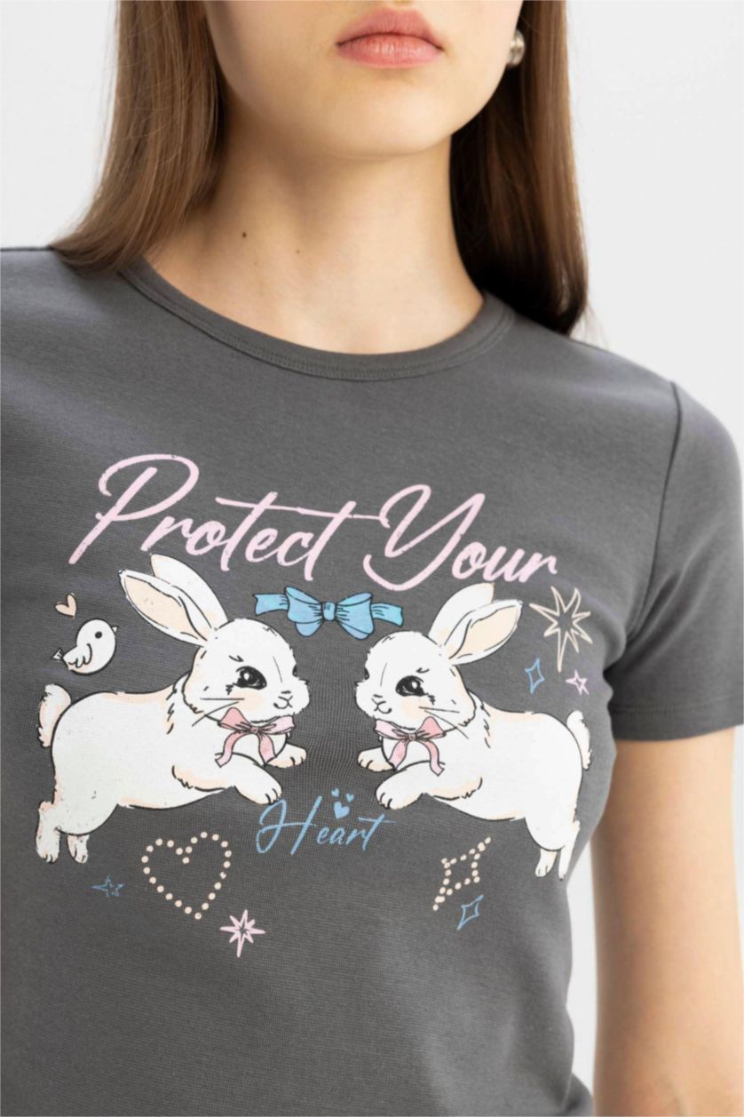 Woman Anthracite Fitted Crew Neck Printed Ribbed Short Sleeve T-Shirt