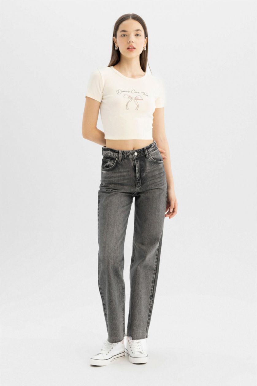 Woman Ecru Fitted Crew Neck Printed Ribana Short Sleeve T-Shirt