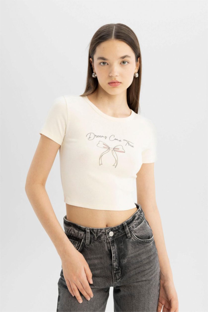 Woman Ecru Fitted Crew Neck Printed Ribana Short Sleeve T-Shirt