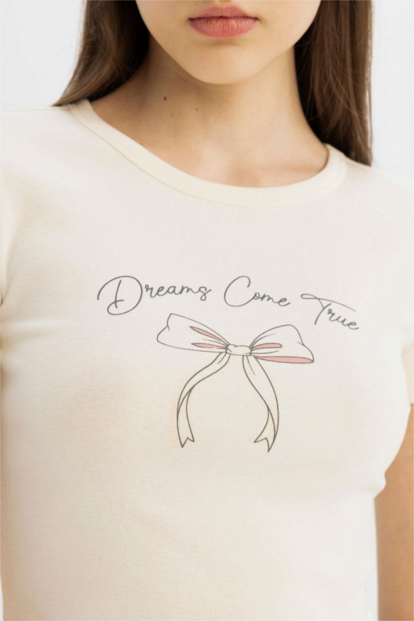 Woman Ecru Fitted Crew Neck Printed Ribana Short Sleeve T-Shirt