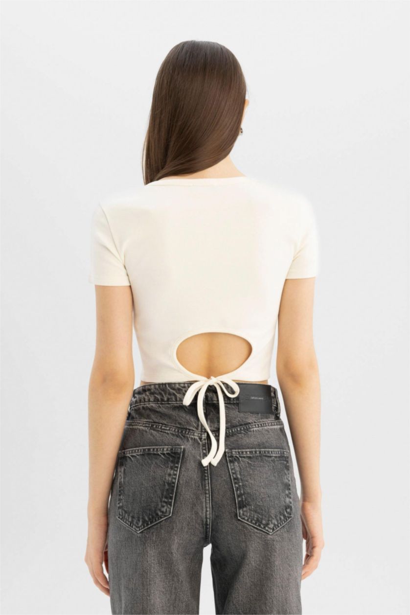 Woman Ecru Fitted Crew Neck Printed Ribana Short Sleeve T-Shirt