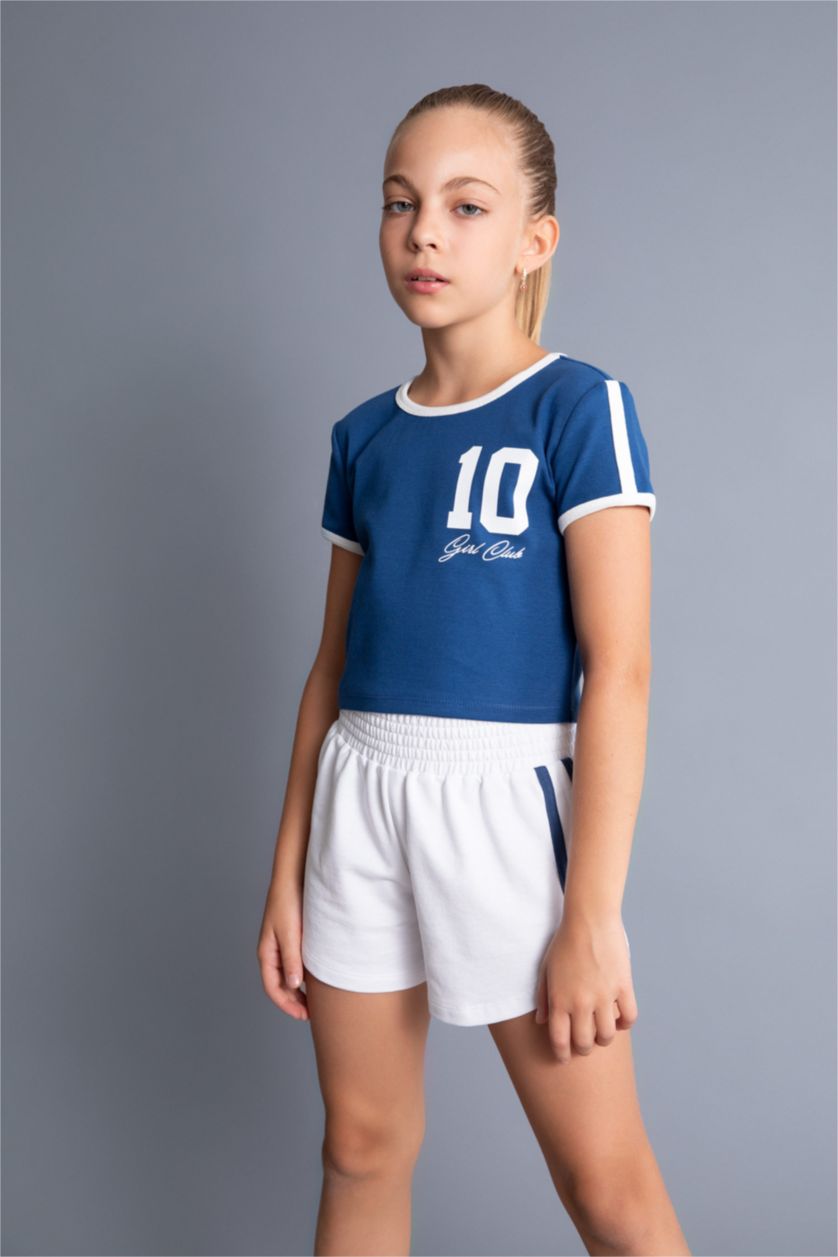 Kız Çocuk - Genç Kız Mavi Crop Bisiklet Yaka Baskılı Ribana Kısa Kollu Tişört Kız Çocuk