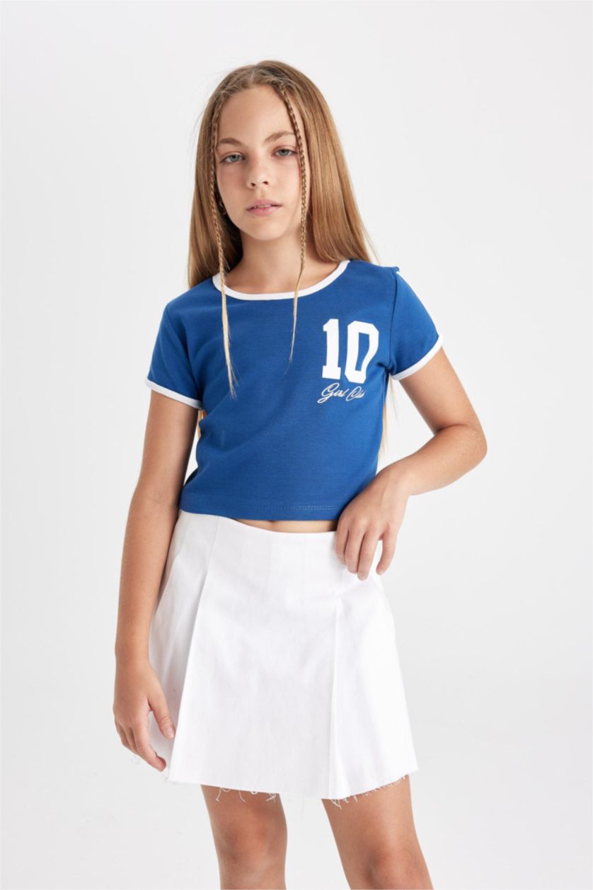 Kız Çocuk - Genç Kız Mavi Crop Bisiklet Yaka Baskılı Ribana Kısa Kollu Tişört Kız Çocuk