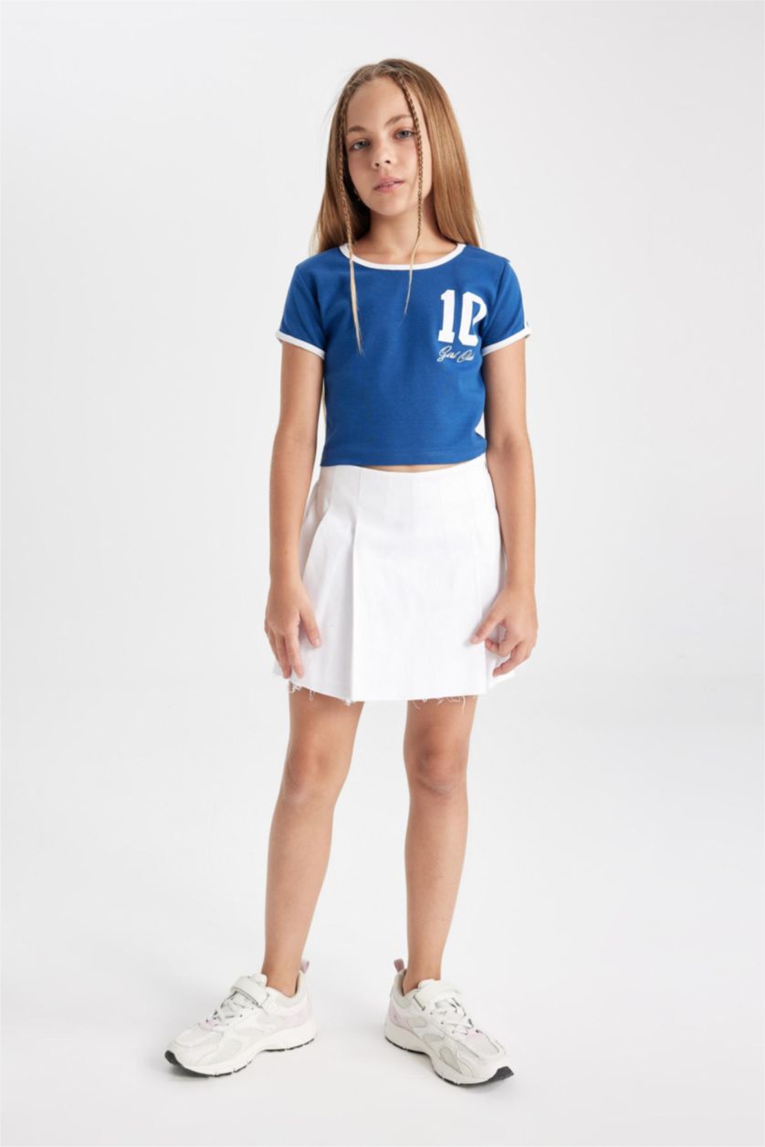 Kız Çocuk - Genç Kız Mavi Crop Bisiklet Yaka Baskılı Ribana Kısa Kollu Tişört Kız Çocuk