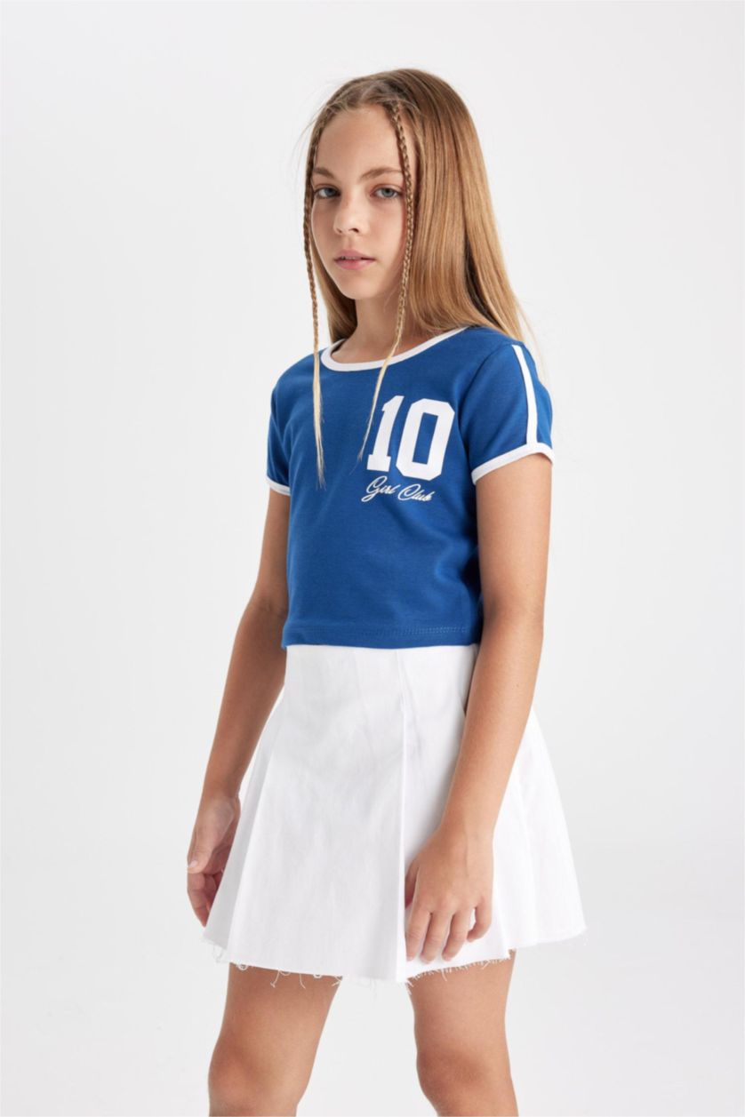 Kız Çocuk - Genç Kız Mavi Crop Bisiklet Yaka Baskılı Ribana Kısa Kollu Tişört Kız Çocuk