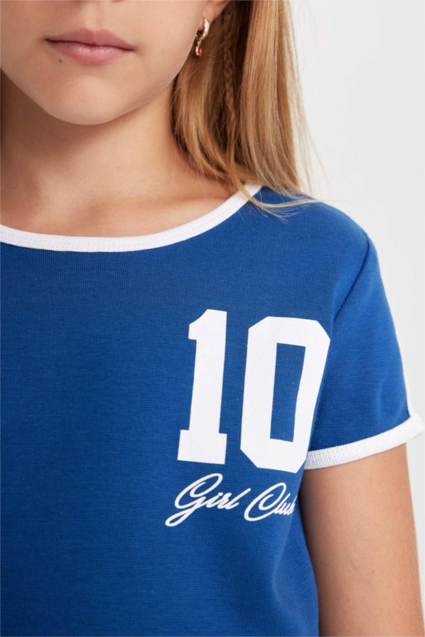 Kız Çocuk - Genç Kız Mavi Crop Bisiklet Yaka Baskılı Ribana Kısa Kollu Tişört Kız Çocuk