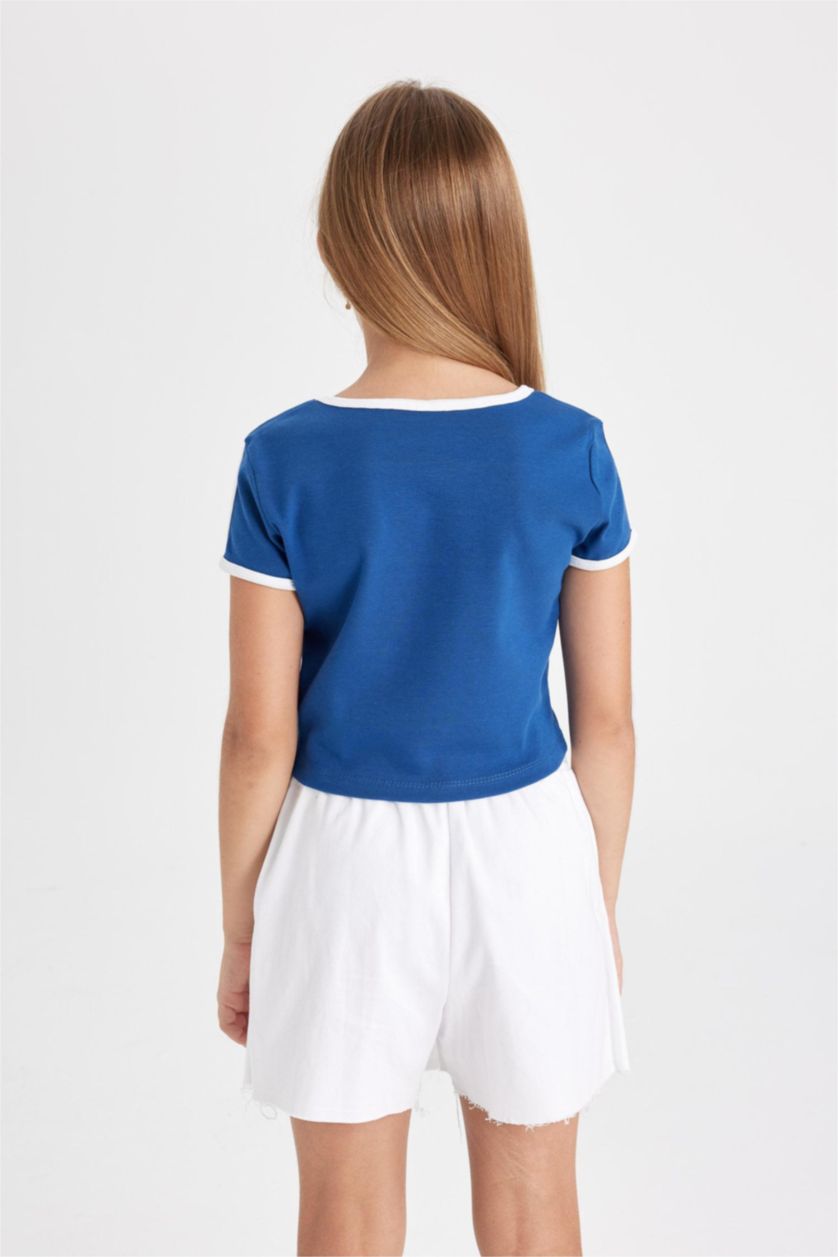 Kız Çocuk - Genç Kız Mavi Crop Bisiklet Yaka Baskılı Ribana Kısa Kollu Tişört Kız Çocuk