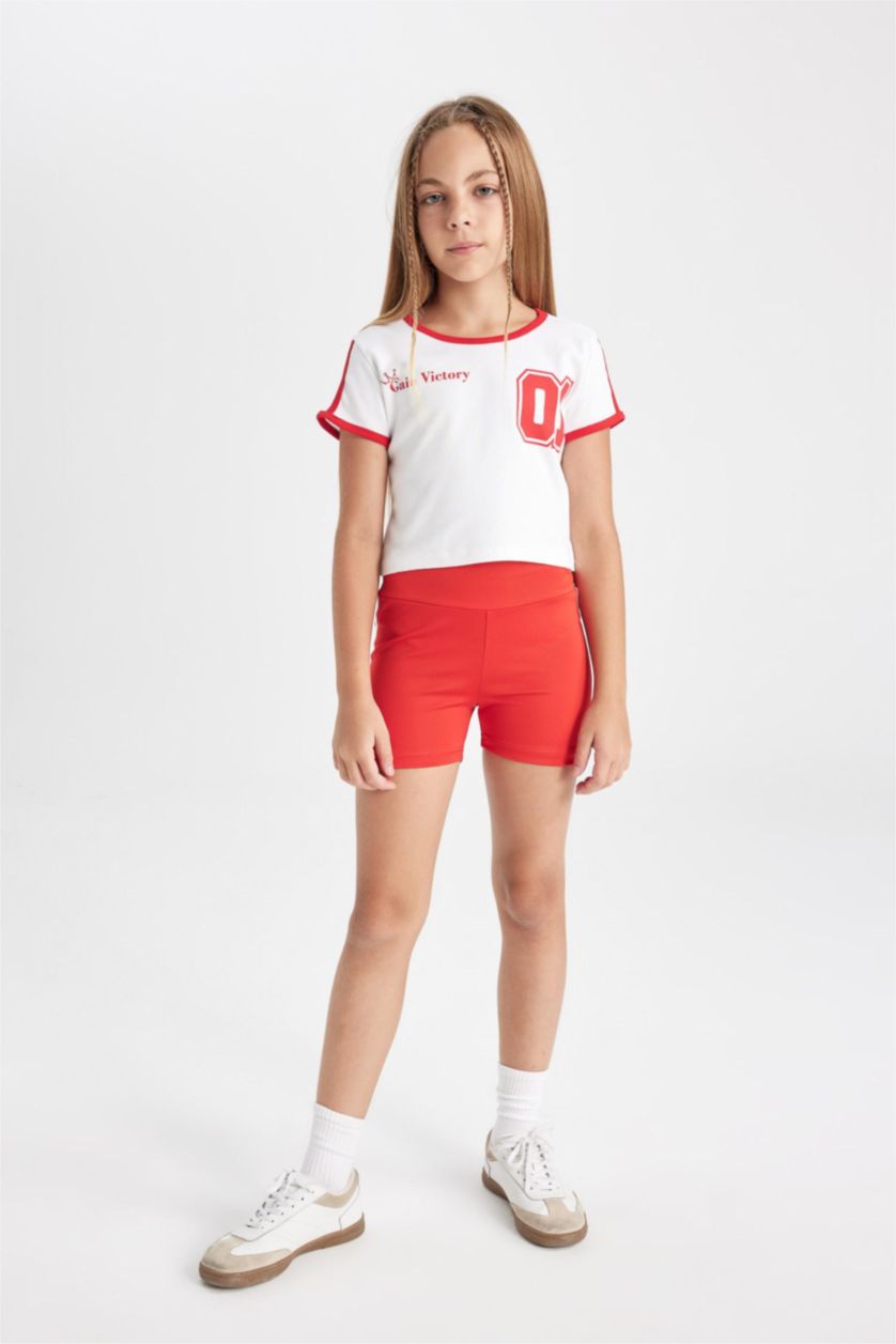 Kız Çocuk - Genç Kız Beyaz Crop Bisiklet Yaka Baskılı Ribana Kısa Kollu Tişört Kız Çocuk