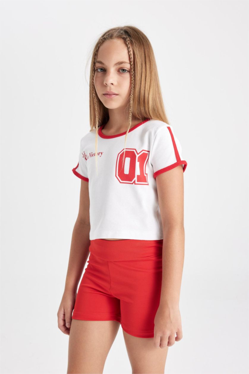 Kız Çocuk - Genç Kız Beyaz Crop Bisiklet Yaka Baskılı Ribana Kısa Kollu Tişört Kız Çocuk