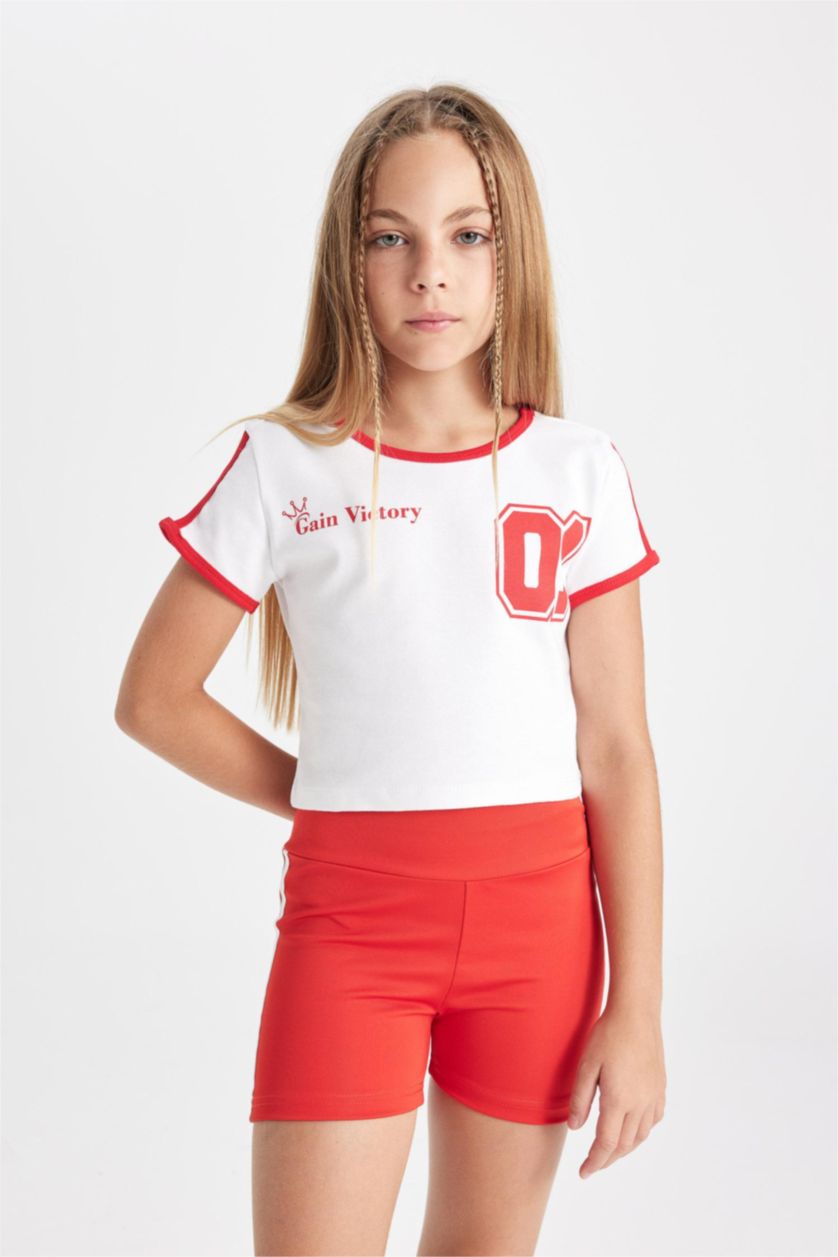 Kız Çocuk - Genç Kız Beyaz Crop Bisiklet Yaka Baskılı Ribana Kısa Kollu Tişört Kız Çocuk