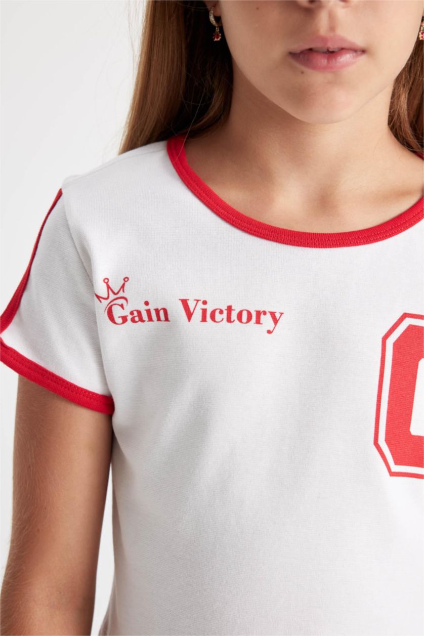 Kız Çocuk - Genç Kız Beyaz Crop Bisiklet Yaka Baskılı Ribana Kısa Kollu Tişört Kız Çocuk