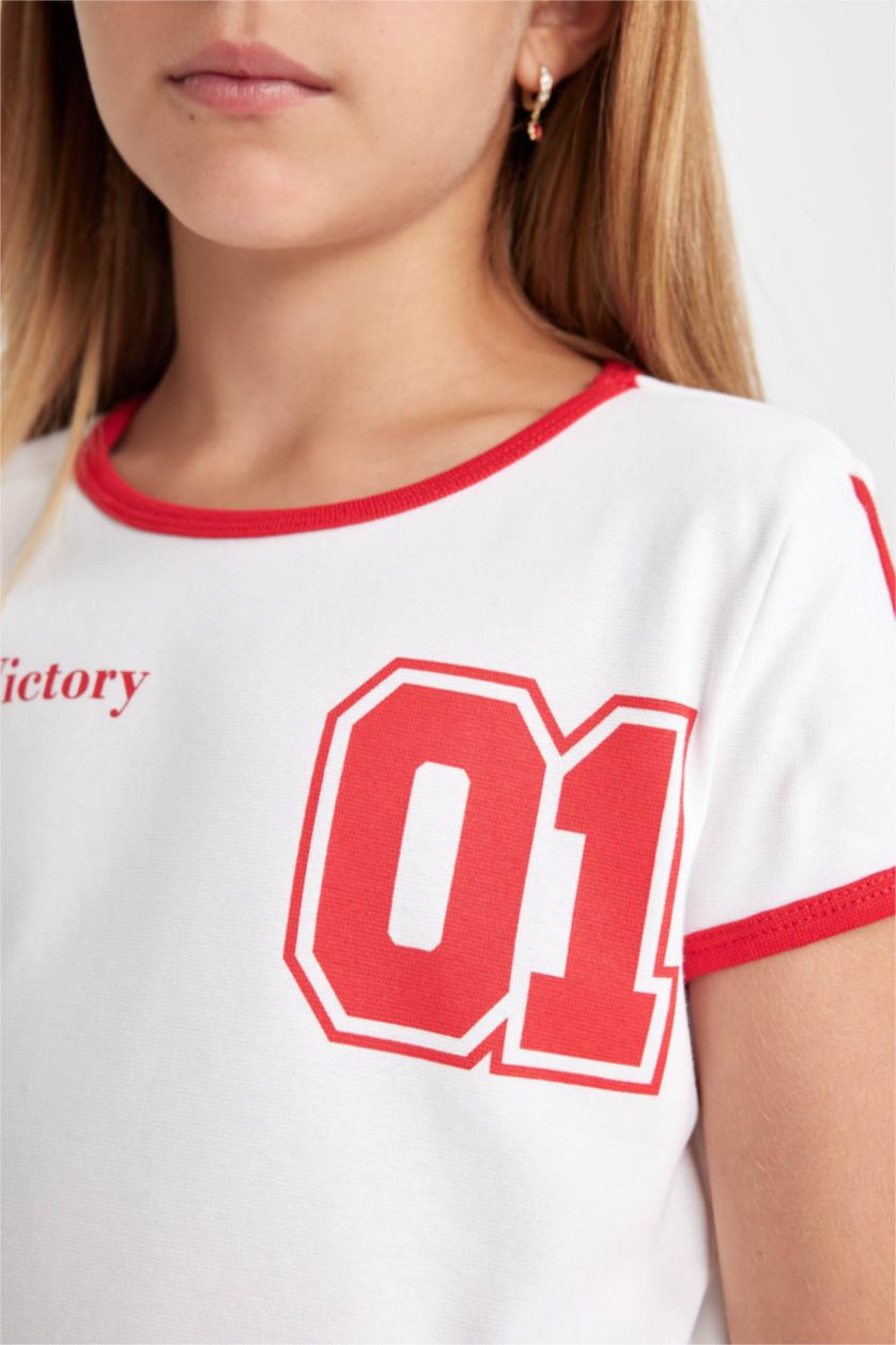 Kız Çocuk - Genç Kız Beyaz Crop Bisiklet Yaka Baskılı Ribana Kısa Kollu Tişört Kız Çocuk