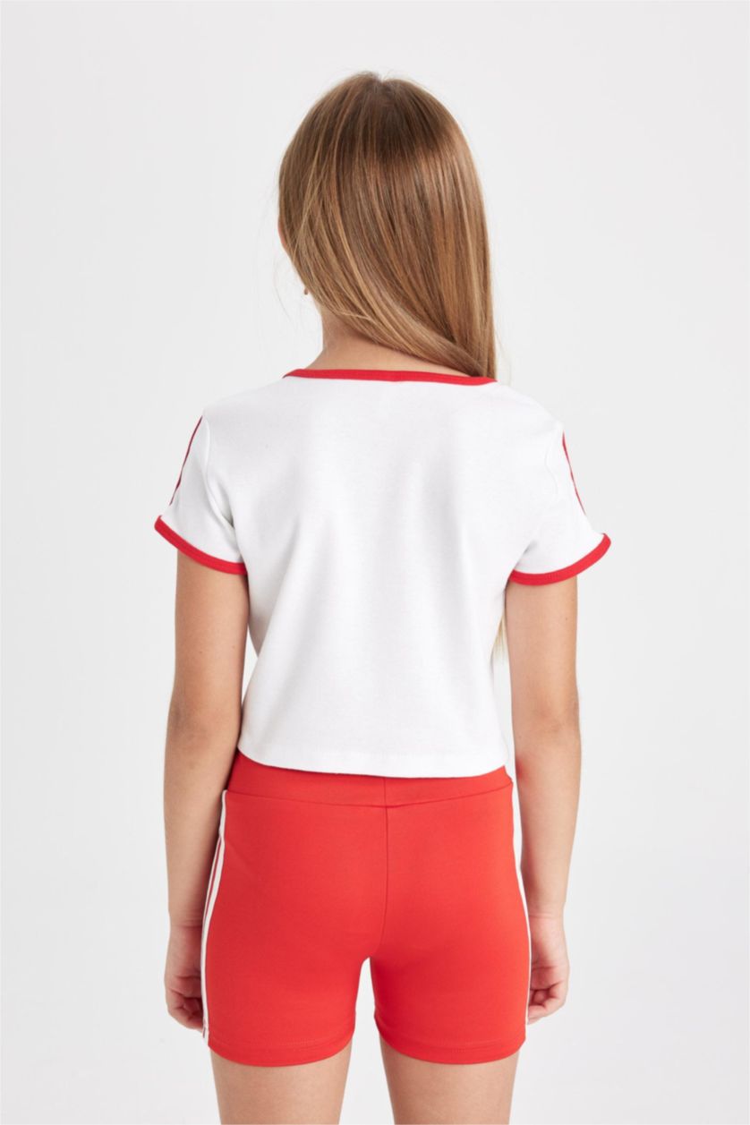 Kız Çocuk - Genç Kız Beyaz Crop Bisiklet Yaka Baskılı Ribana Kısa Kollu Tişört Kız Çocuk