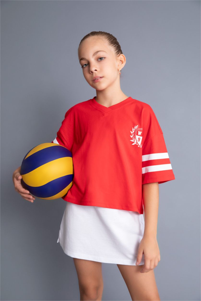 Kız Çocuk - Genç Kız Kırmızı Oversize Geniş Kalıp V Yaka Sırt Baskılı Kısa Kollu Tişört Kız Çocuk