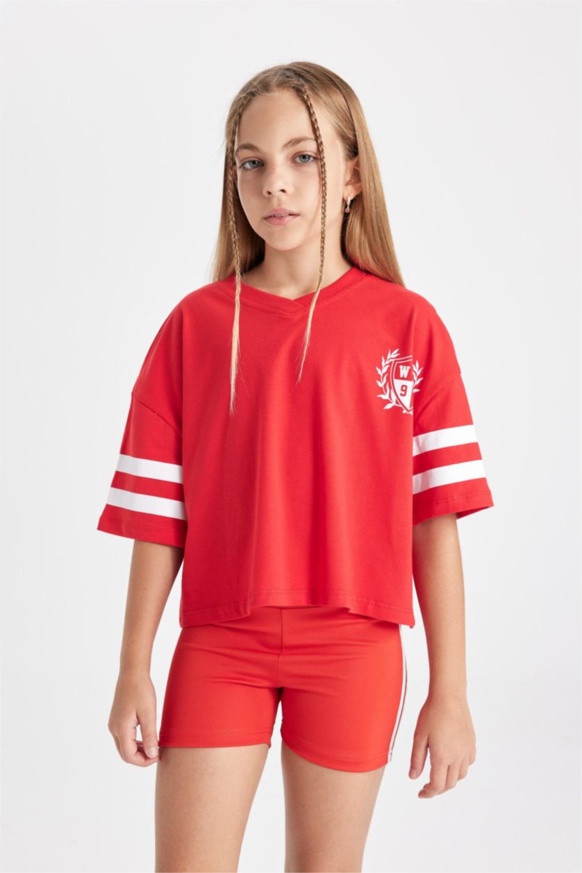 Kız Çocuk - Genç Kız Kırmızı Oversize Geniş Kalıp V Yaka Sırt Baskılı Kısa Kollu Tişört Kız Çocuk