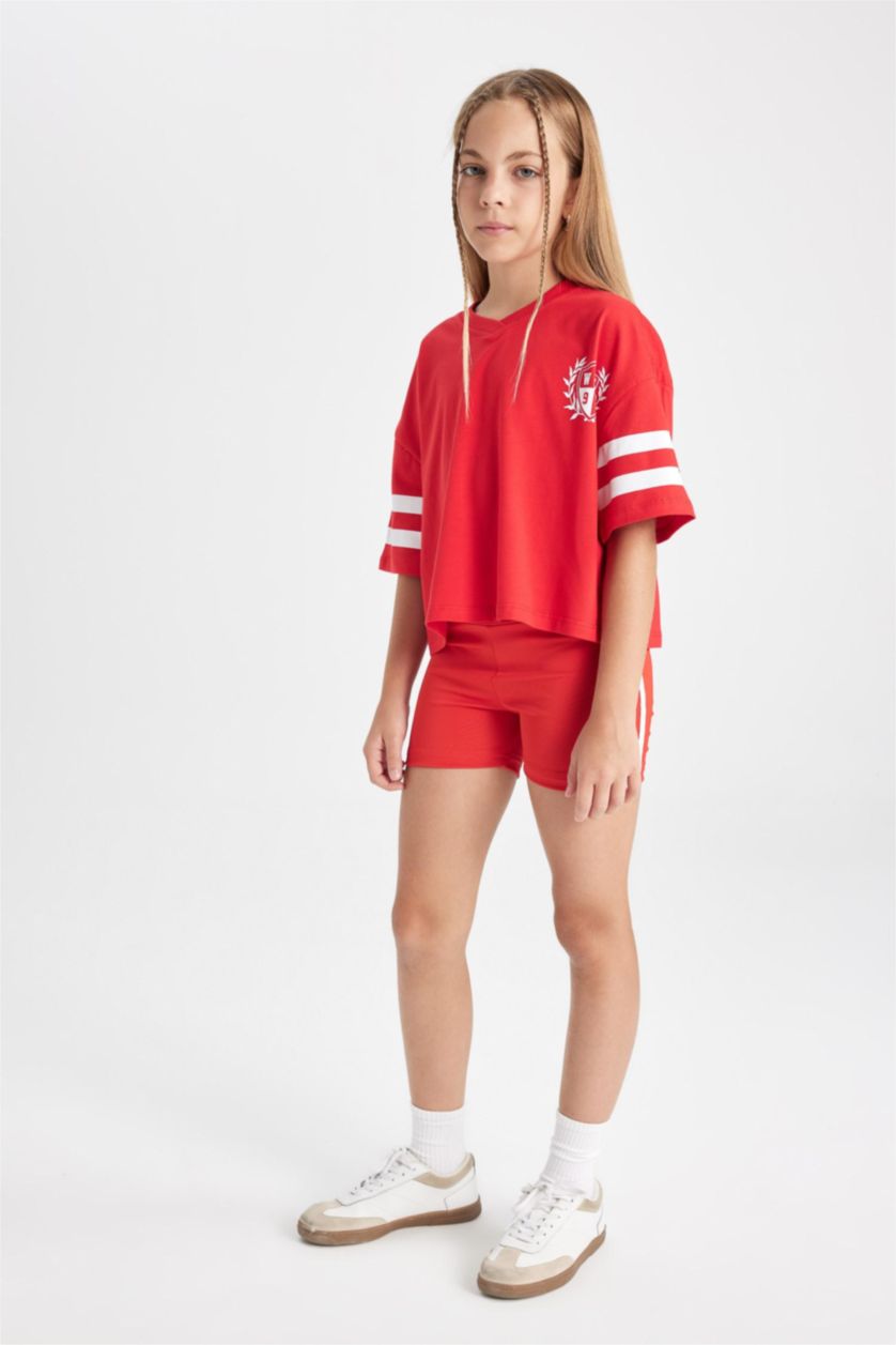 Kız Çocuk - Genç Kız Kırmızı Oversize Geniş Kalıp V Yaka Sırt Baskılı Kısa Kollu Tişört Kız Çocuk