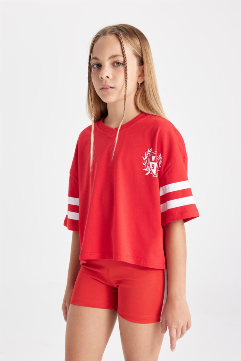 Kız Çocuk - Genç Kız Kırmızı Oversize Geniş Kalıp V Yaka Sırt Baskılı Kısa Kollu Tişört Kız Çocuk