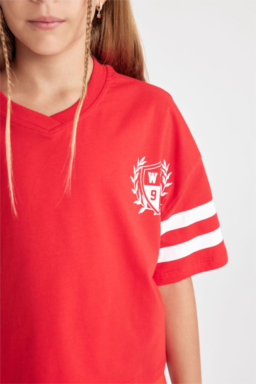 Kız Çocuk - Genç Kız Kırmızı Oversize Geniş Kalıp V Yaka Sırt Baskılı Kısa Kollu Tişört Kız Çocuk