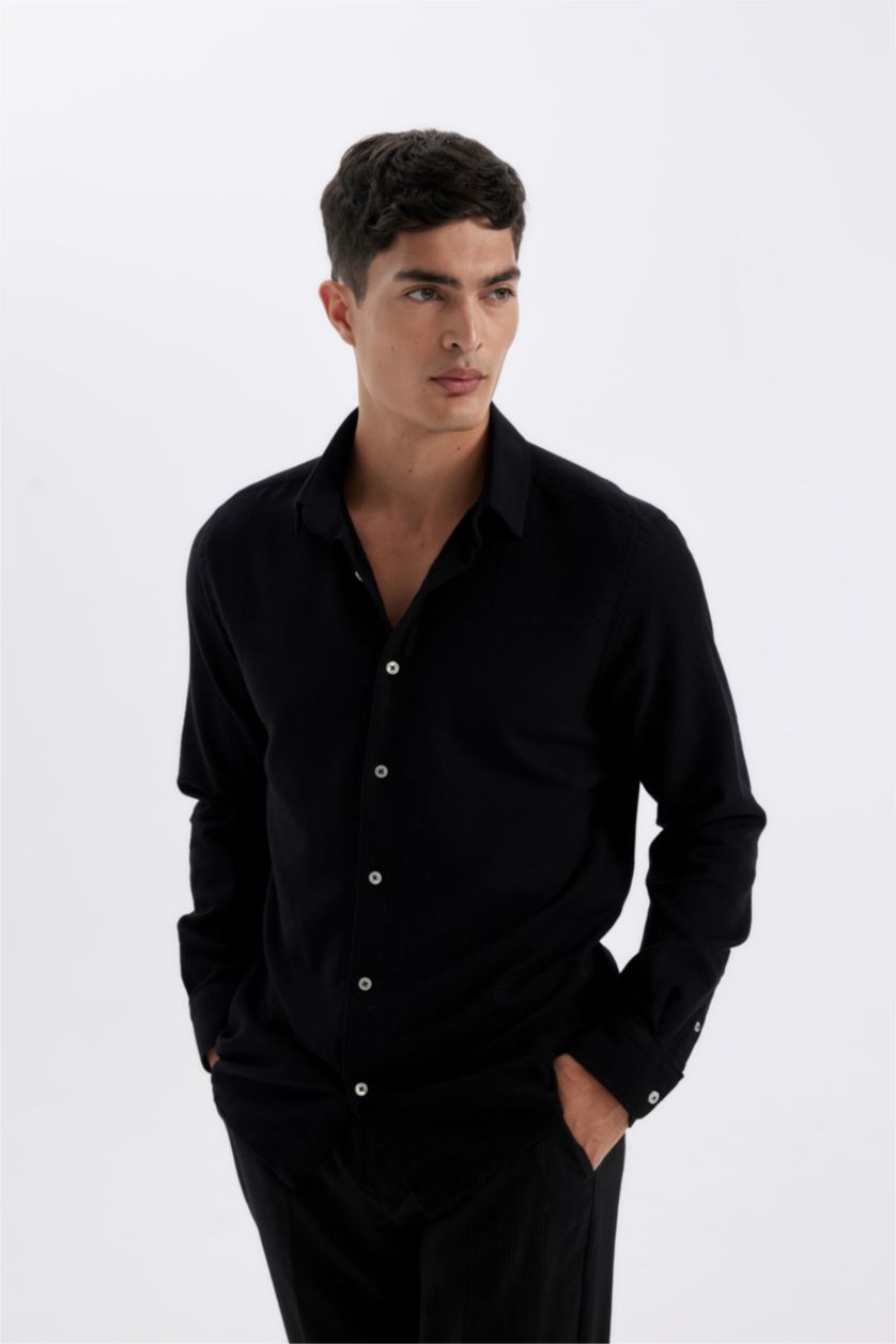 Erkek Siyah %100 Pamuk Modern Fit Polo Yaka Düz  Uzun Kollu Gömlek