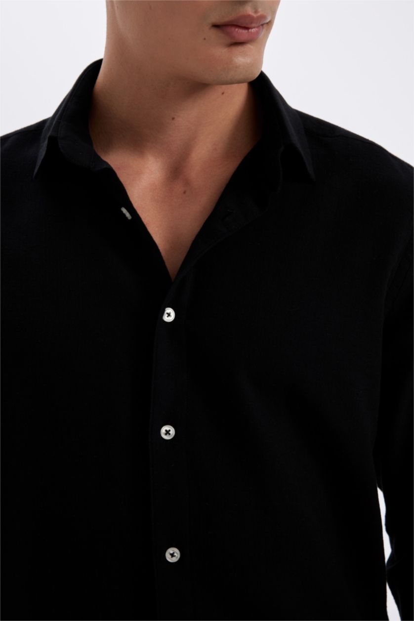 Erkek Siyah %100 Pamuk Modern Fit Polo Yaka Düz  Uzun Kollu Gömlek