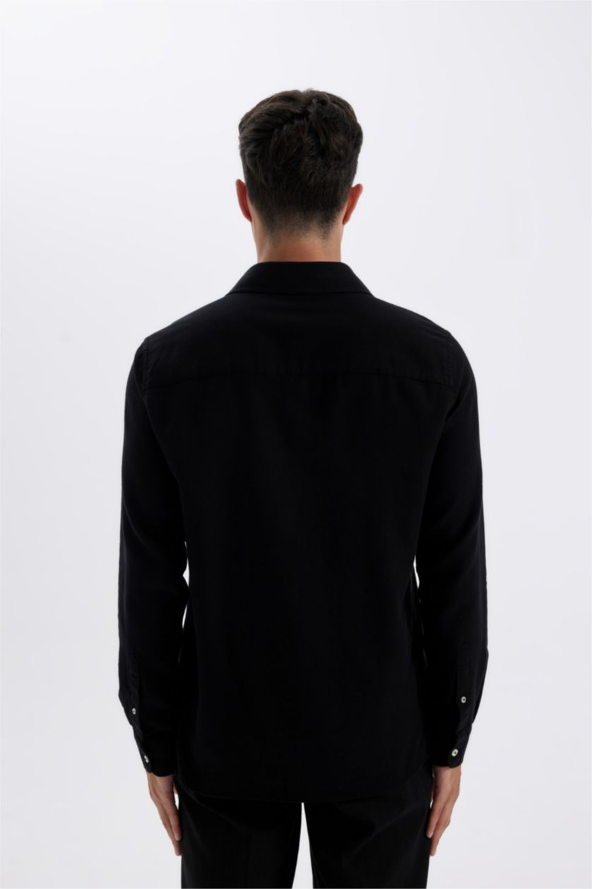 Erkek Siyah %100 Pamuk Modern Fit Polo Yaka Düz  Uzun Kollu Gömlek