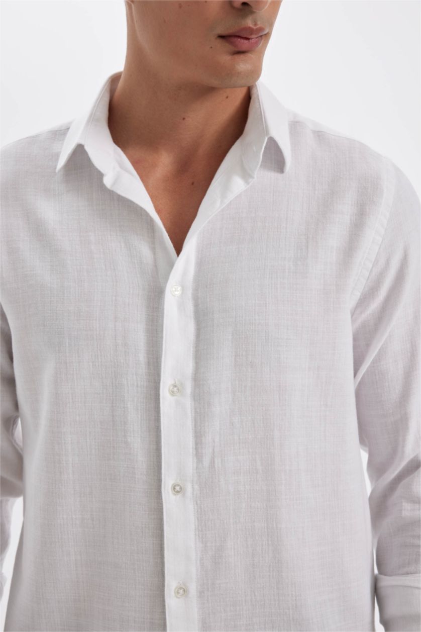 رجال أبيض قميص بولو كم طويل قطن مودرن فيت