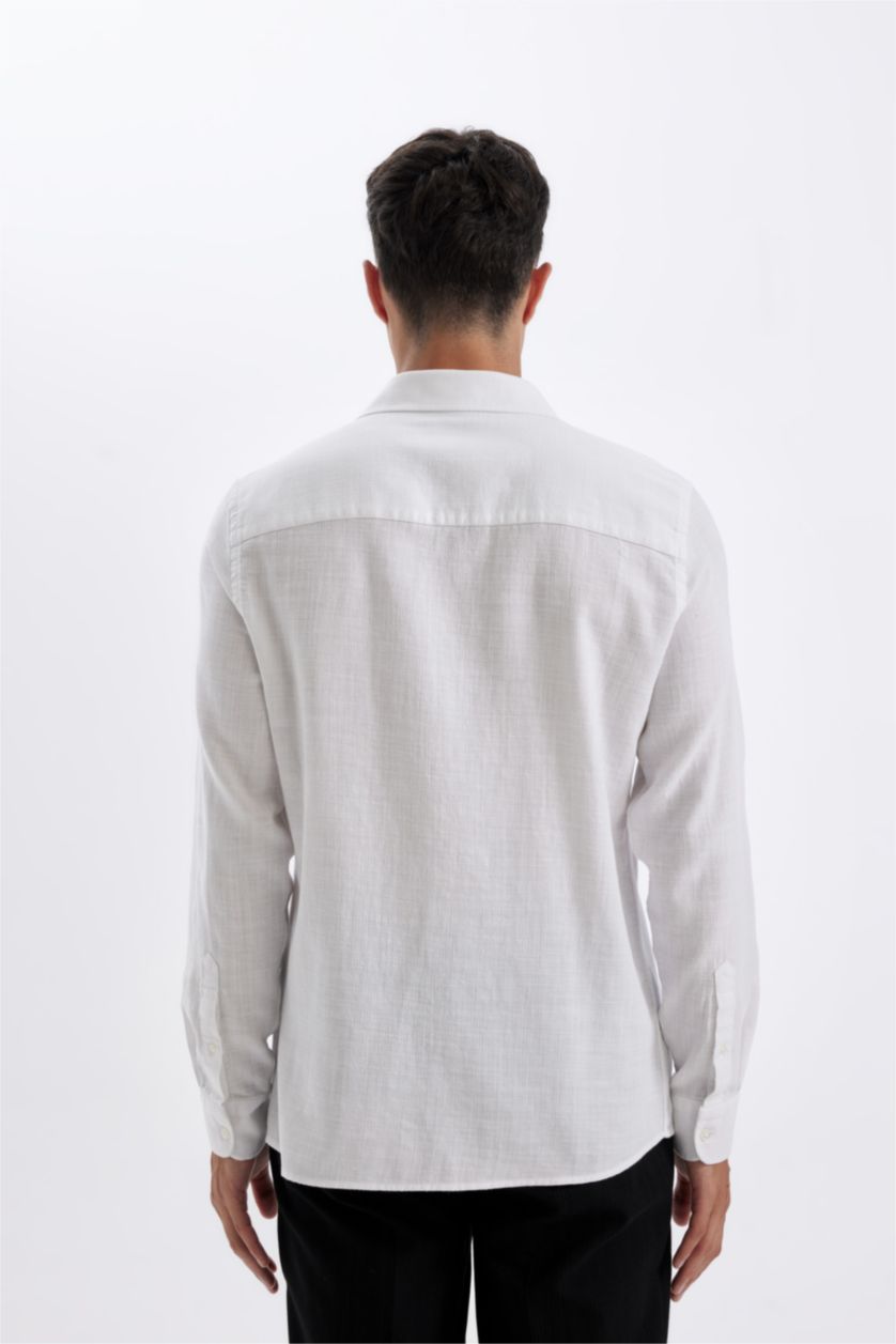 رجال أبيض قميص بولو كم طويل قطن مودرن فيت