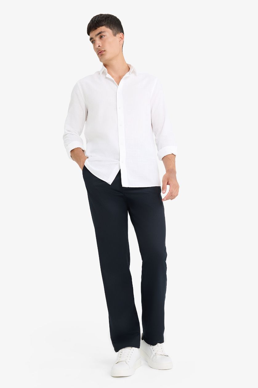 MAN White Modern Fit Polo Collar Cotton Long Sleeve Shirt