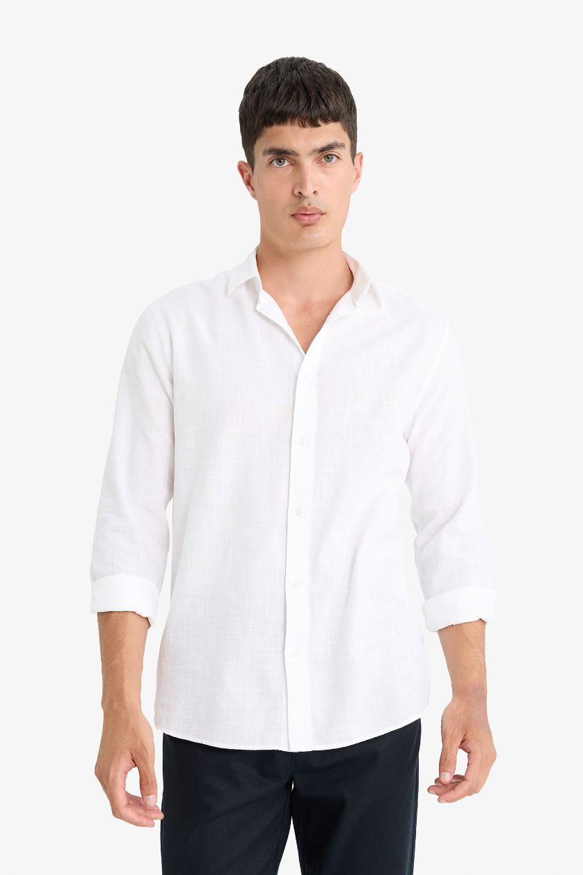 MAN White Modern Fit Polo Collar Cotton Long Sleeve Shirt