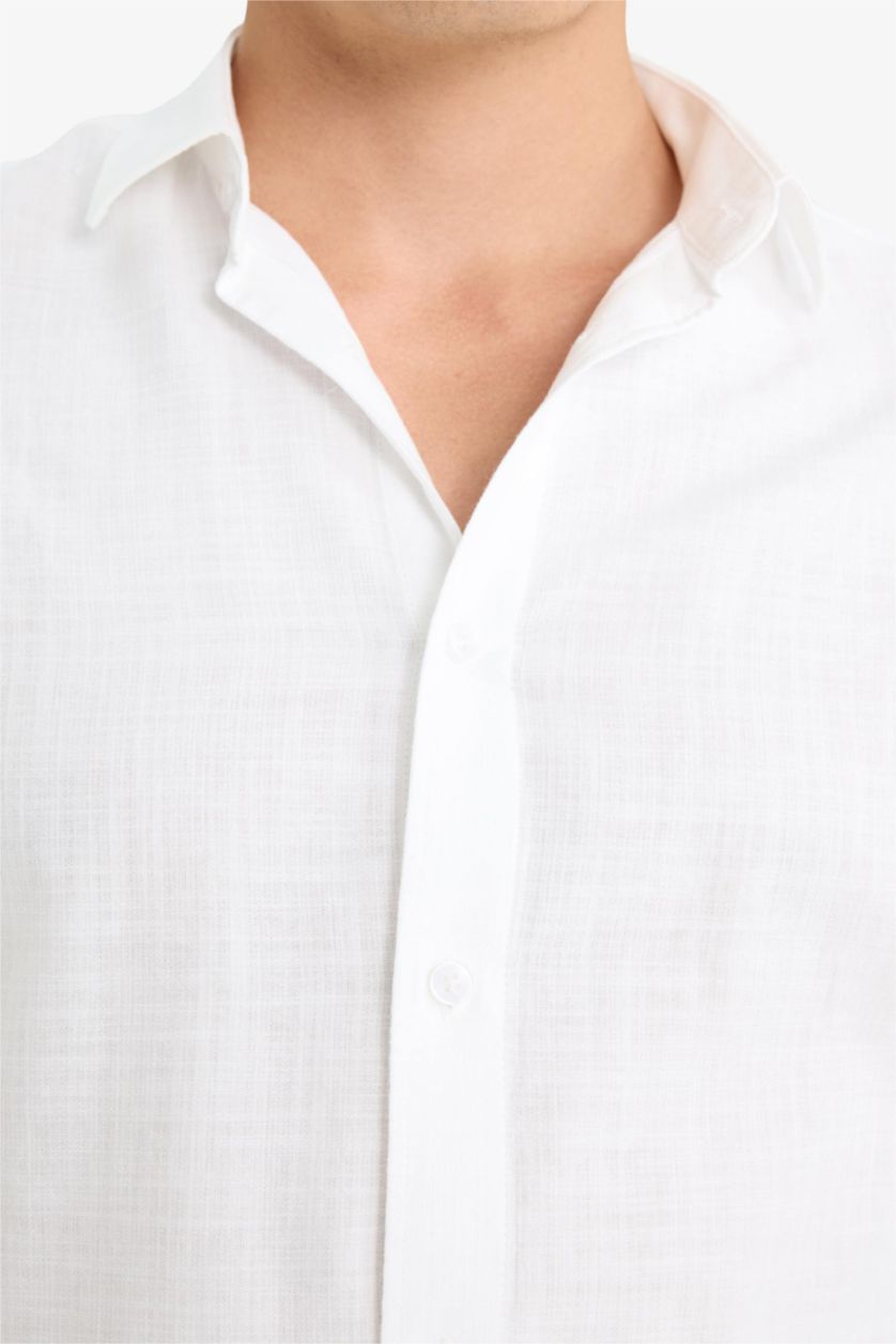 MAN White Modern Fit Polo Collar Cotton Long Sleeve Shirt