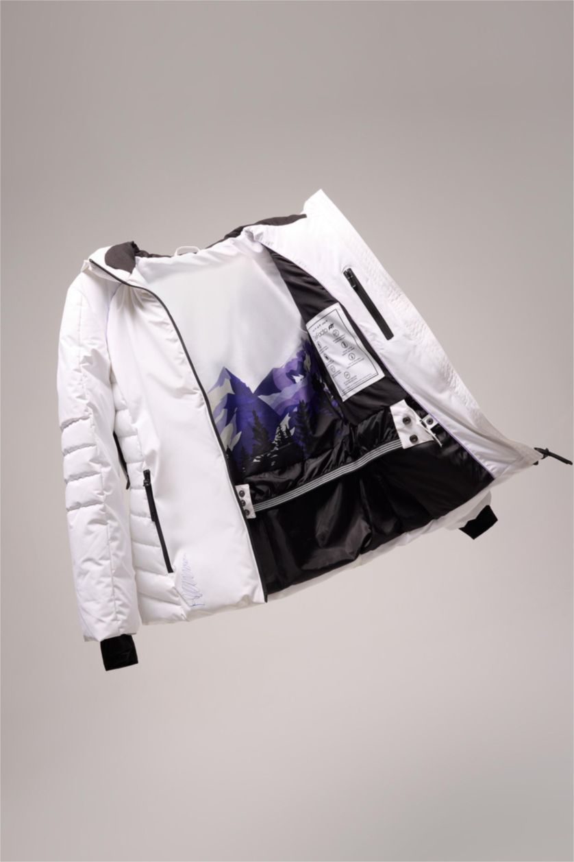Kadın Beyaz Kayak Montu Su İtici Rüzgar Geçirmez Kapüşonlu Sırt Baskılı Fermuarlı Ultra Korumalı
