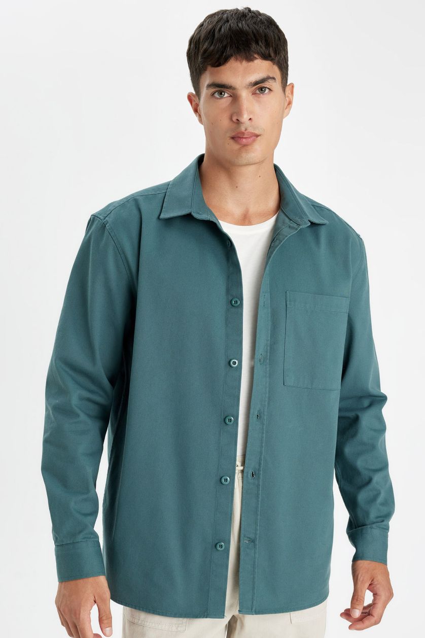 رجال أخضر قميص بولو رجالي قطن قصة مريحة وكم طويل