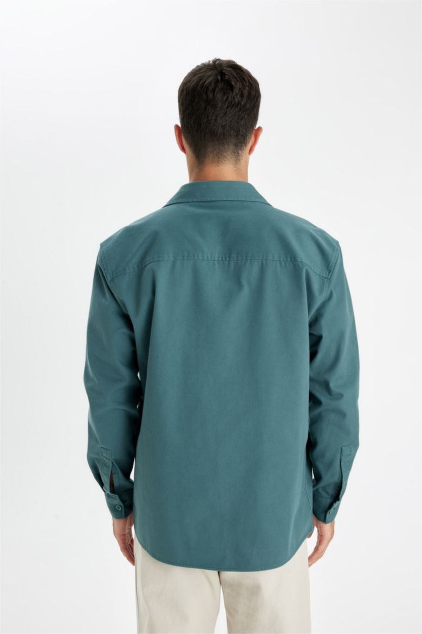 رجال أخضر قميص بولو رجالي قطن قصة مريحة وكم طويل