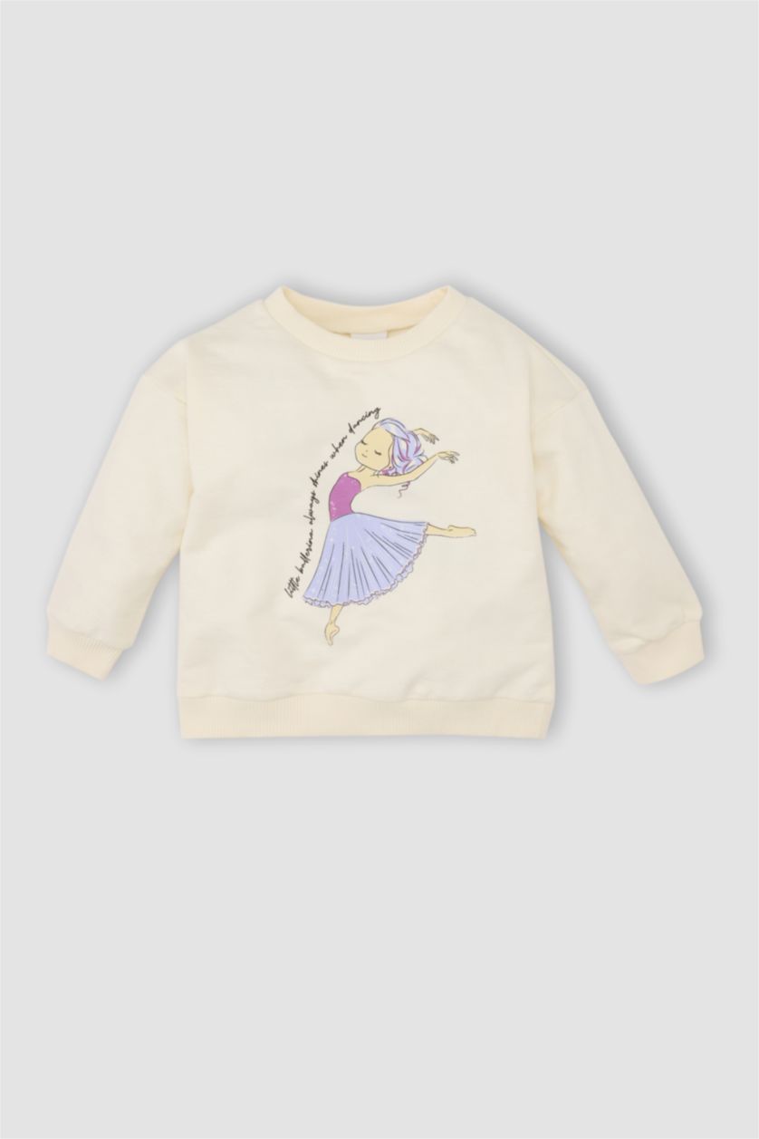 BABY GIRL Ecru Baby Girl Crew Neck Ballerina Printed Sweatshirt