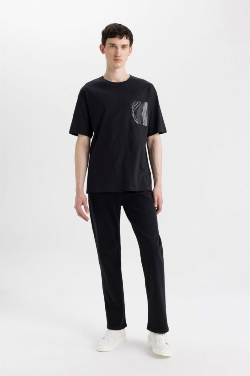 رجالي أسود بنطلون جينز برجل واسع وايد ليج قصة مريحة وخصر عالي