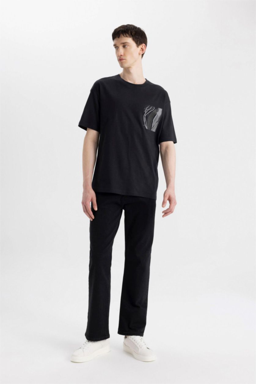 رجالي أسود بنطلون جينز برجل واسع وايد ليج قصة مريحة وخصر عالي