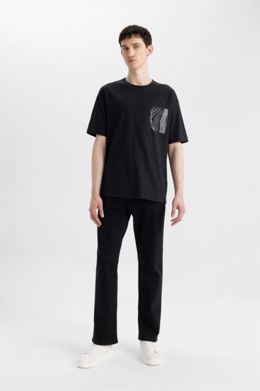 رجالي أسود بنطلون جينز برجل واسع وايد ليج قصة مريحة وخصر عالي