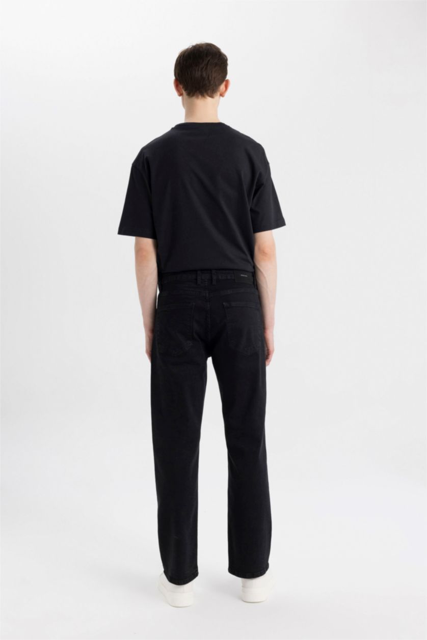 رجالي أسود بنطلون جينز برجل واسع وايد ليج قصة مريحة وخصر عالي