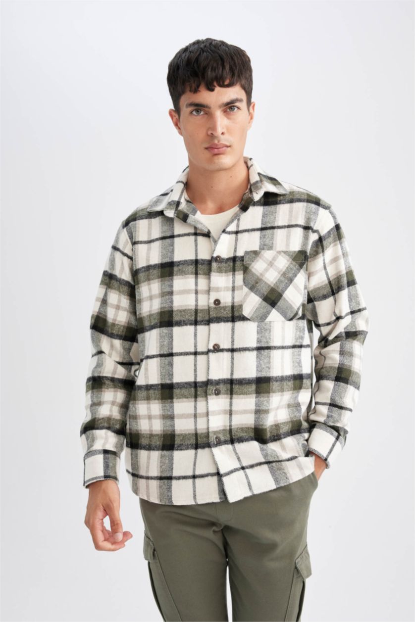 Ерлер хаки поло жаға чек Ұзын жеңді көйлек