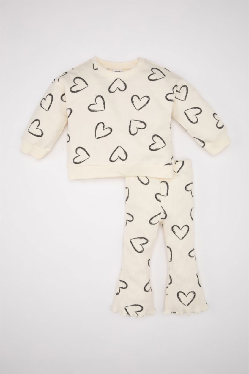 BABY GIRL Ecru Baby Girl Heart Patterned Sweatshirt Pants 2 Piece Set