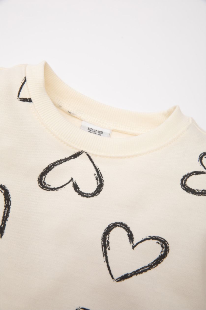 BABY GIRL Ecru Baby Girl Heart Patterned Sweatshirt Pants 2 Piece Set