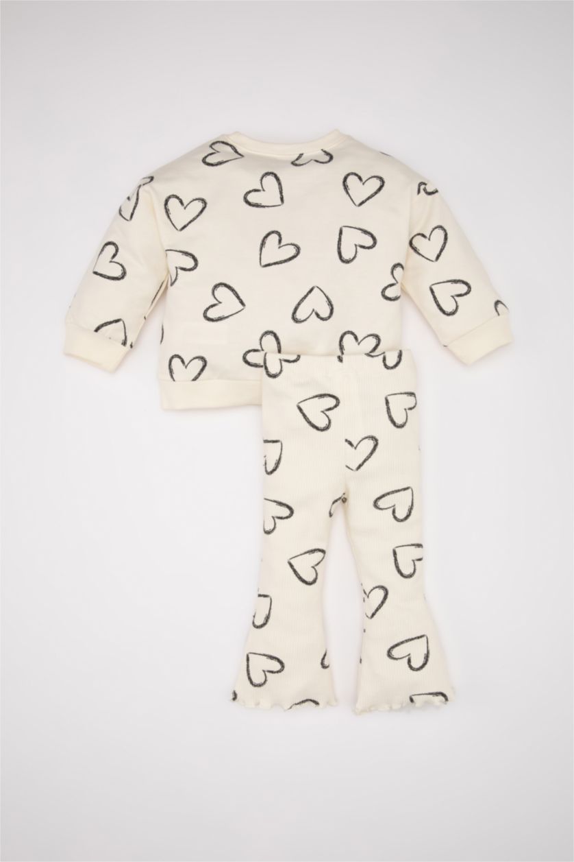 BABY GIRL Ecru Baby Girl Heart Patterned Sweatshirt Pants 2 Piece Set